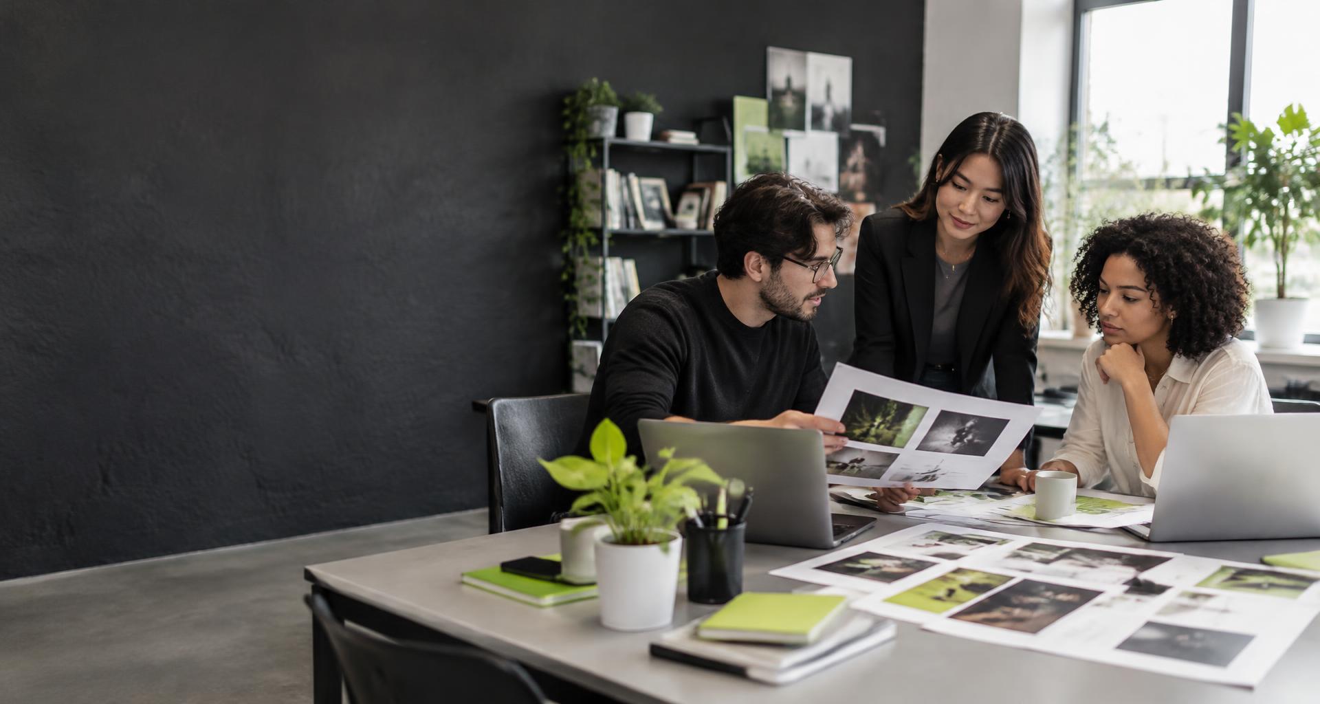 Creative professionals reviewing campaign concepts; generated editorial photography